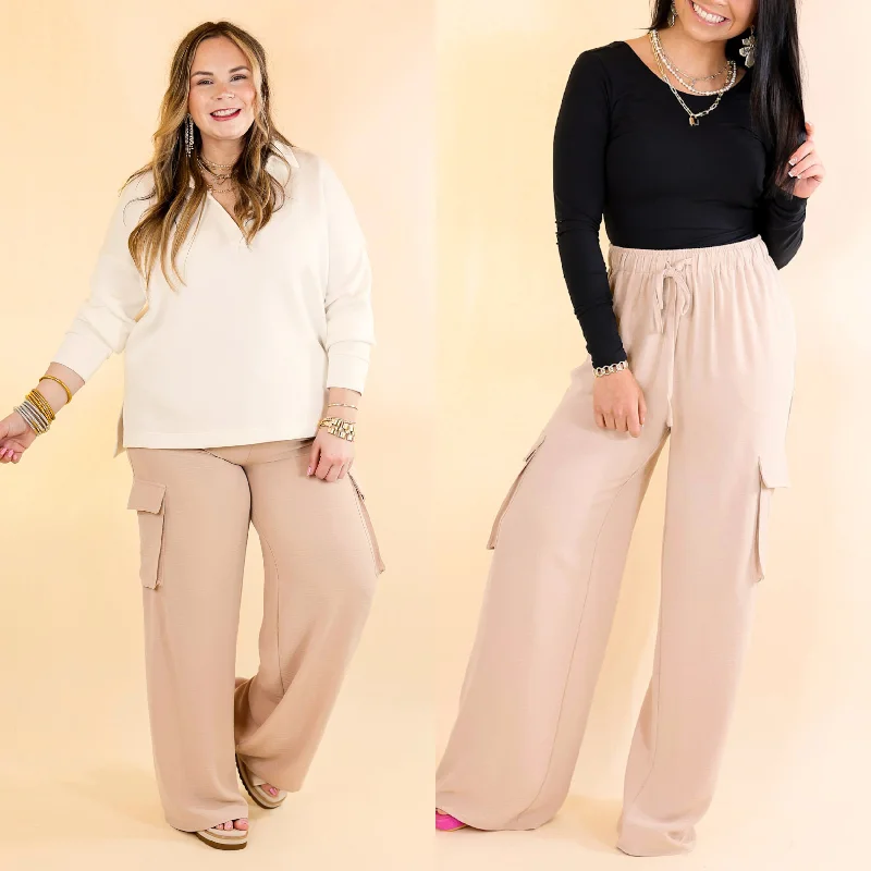 Sunday Stroll Wide Leg Cargo Pant in Light Taupe Budget Friendly