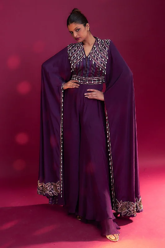 Purple Ajrakh Striped Cape Jumpsuit Unbeatable Prices