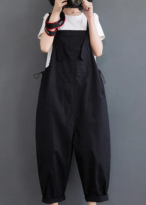 Plus Size Black Slash Neck Drawstring Button Pockets Jumpsuit Fall Best Seller