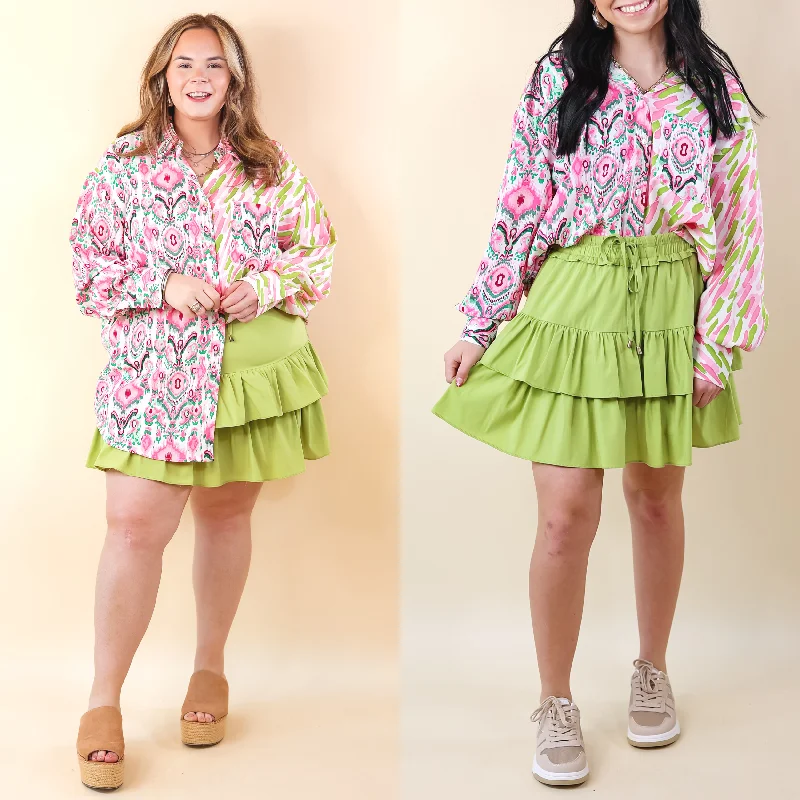 Vibrant Vibes Tiered Skort with Drawstring Waist in Green Special Occasion Wear