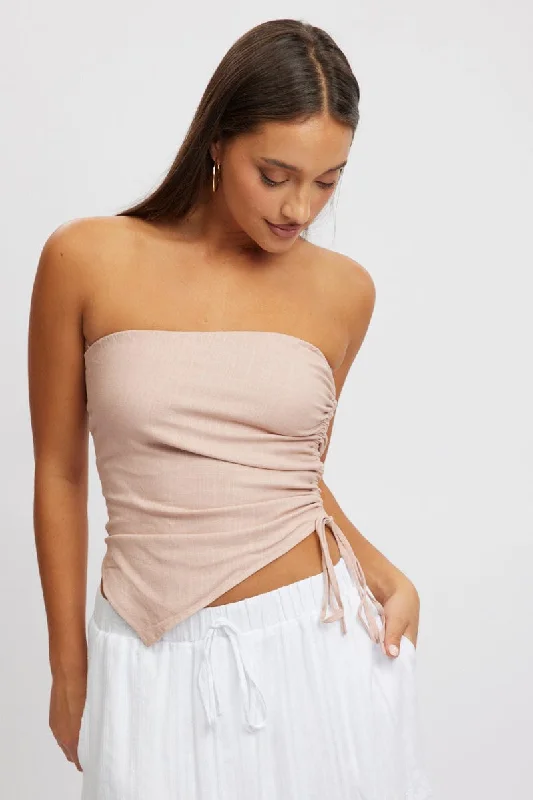 Pink Tube Top Side Ruched Linen Blend Bold Fashion