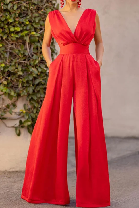 Solid Color V Neck Pretty Wide Leg Jumpsuit Trend Driven Wardrobe