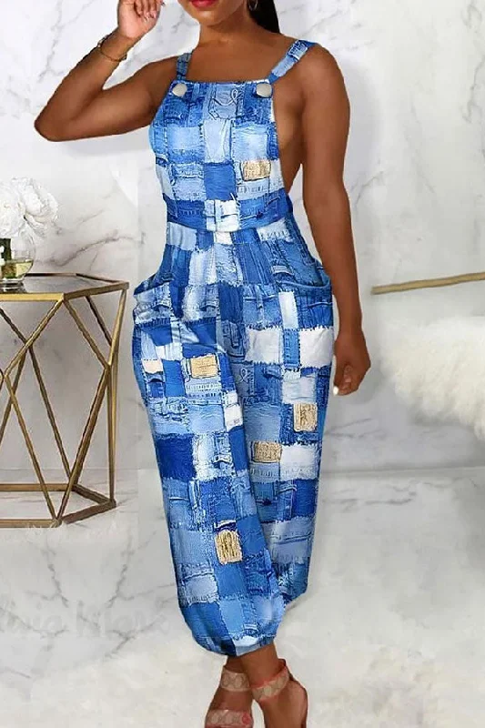 Patch Denim Print Feminine Tie Back Suspenders Jumpsuit Unleash Your Trendy Side