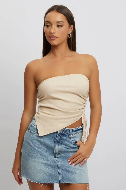 Beige Tube Top Side Ruched Linen Blend Refined Look