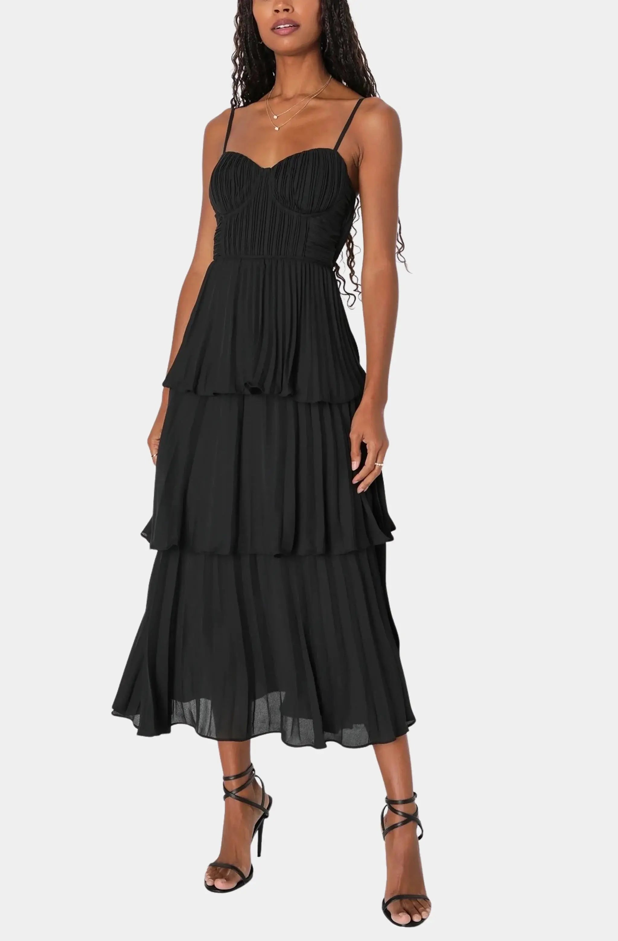 Cascading Crush Black Tiered Midi Dress Elegant Contour