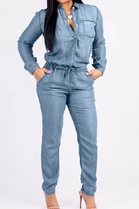 Solid Color Casual Drawstring Denim Jumpsuit Style Revolution