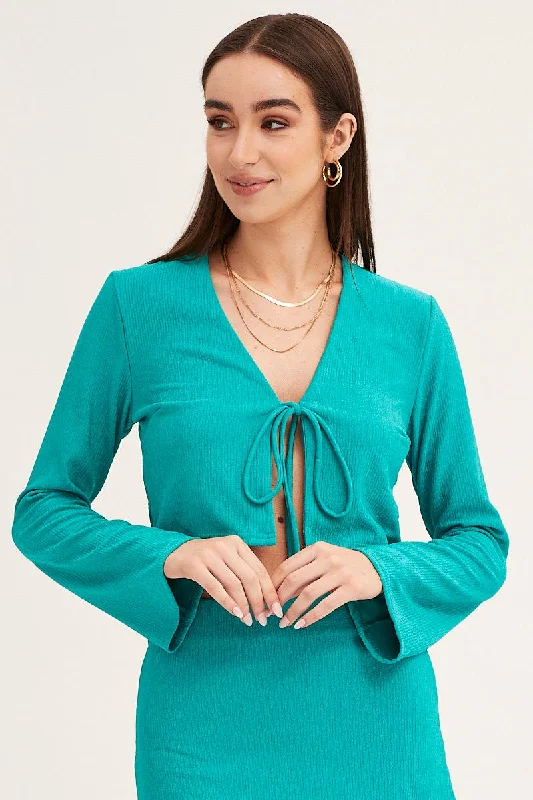 Green Long Sleeve Tie Front Textured Tie Top Effortless Grace