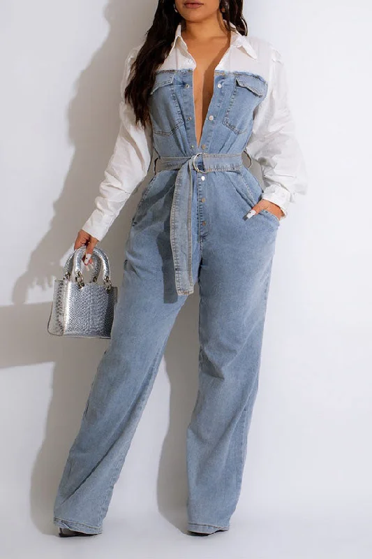 Color Block Denim Patchwork Stylish Belted Jumpsuit Subtle Sophistication