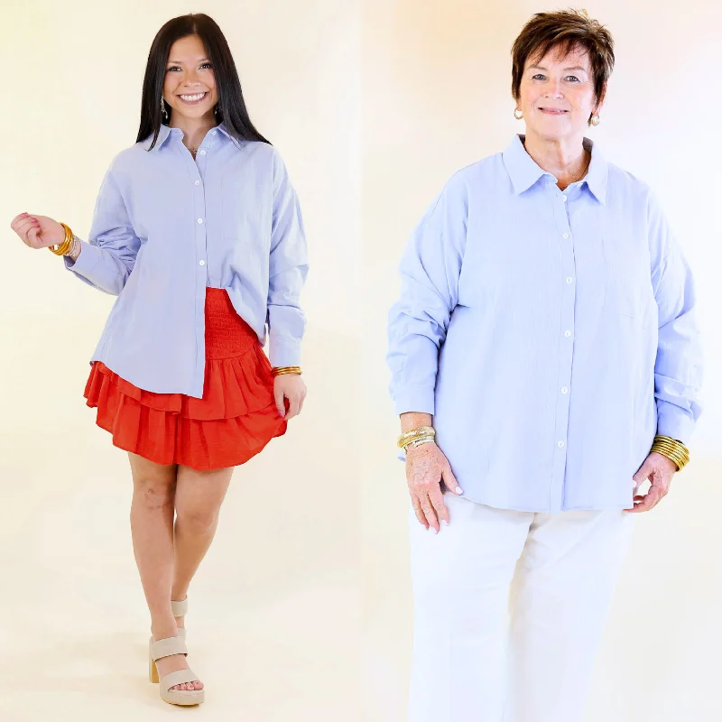 Don't Let Me Down Button Up Long Sleeve Top in Sky Blue Trendy Street Style