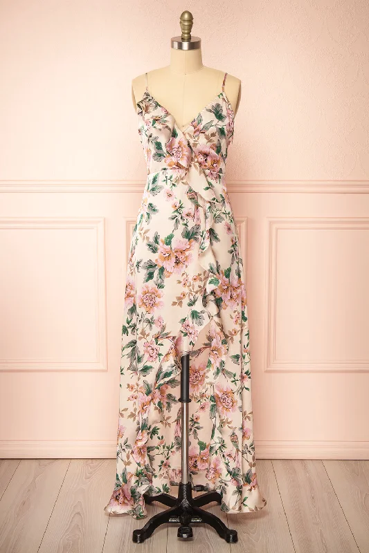 Veleda Taupe | Floral Maxi Dress with Ruffles Seasonal Trend