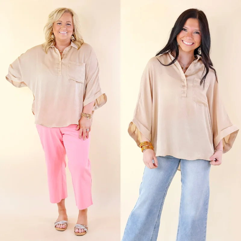 Sweet Surprise Half Button Up Poncho Top with Collared Neckline in Champagne Chic Allure