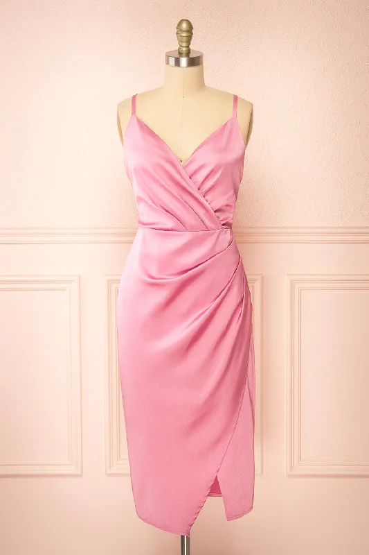 Jazebelle | Pink Satin Midi Dress w/ Slit Luxury Style