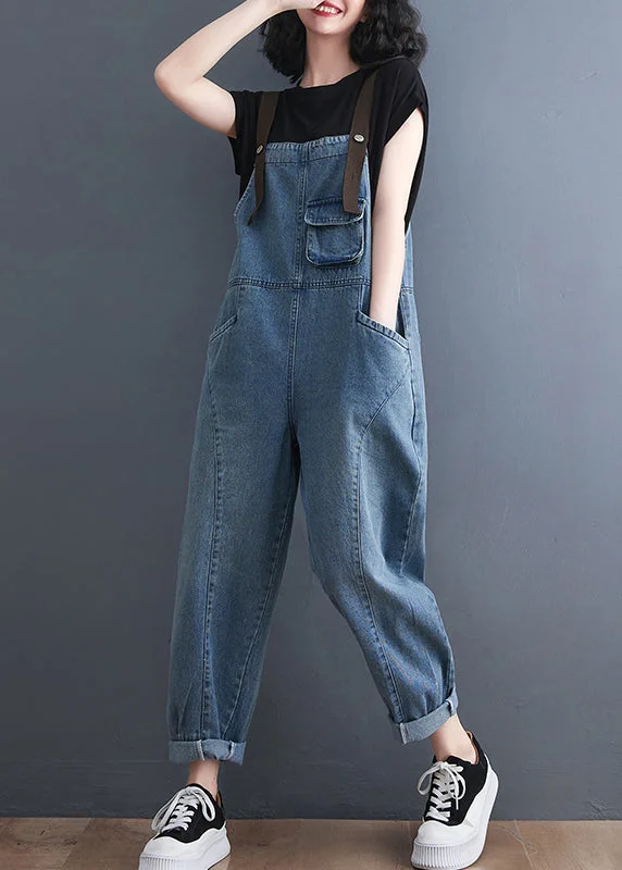 Art Blue Pockets Patchwork Denim Strap Jumpsuits Spring Ride The Style Wave