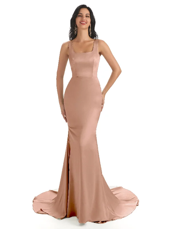 Soft Satin Unique Square Long Mermaid Formal Gown For Wedding Guest Evening Looks