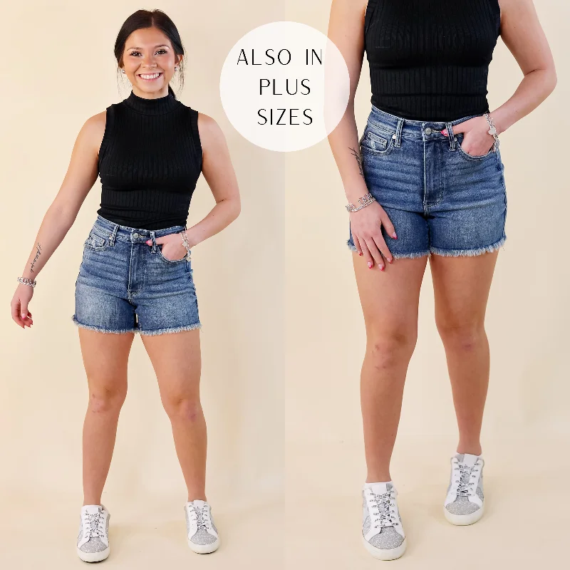 Last Chance Size Small | Judy Blue | Sunny Stride Tummy Control Fray Hem Shorts in Medium Wash Chic Outfits