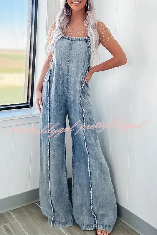 Vintage Washed Denim Raw Edge Elastic Waist Wide Leg Jumpsuit Casual Chic Clothing