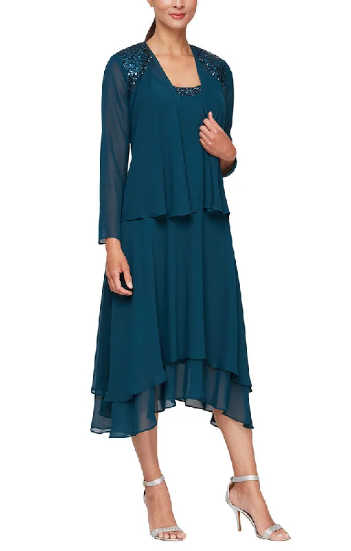 Chiffon Jacket Dress with Beaded Shoulder Detail & Tiered Skirt Celebrate With Big Savings