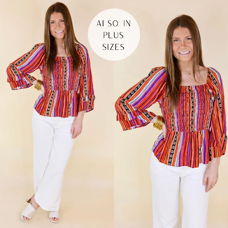 Blissful Break Serape Print Peplum Top with Smocked Bodice in Rust Orange Mix Modern Romance