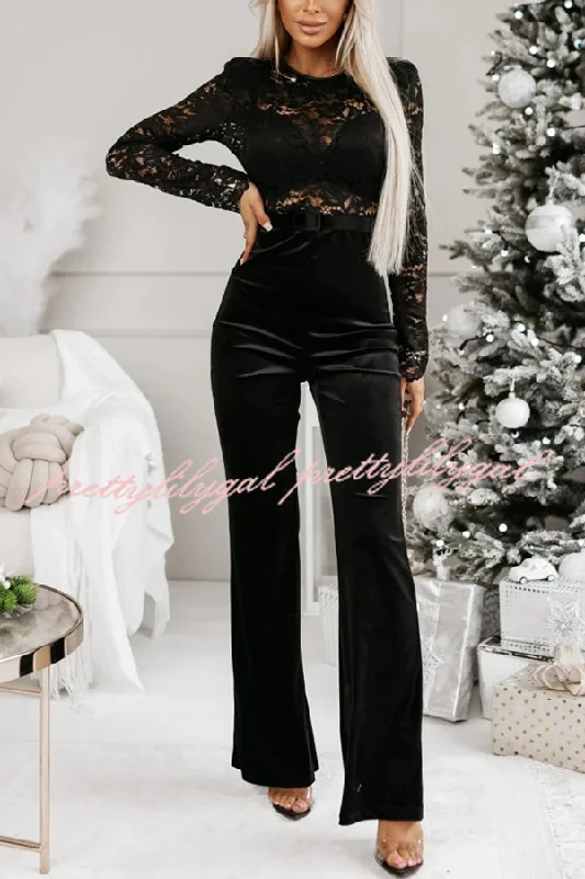 Sonya Lace Velvet Patchwork Long Sleeve Belted Flare Stretch Jumpsuit Minimalist Office - Ready Style