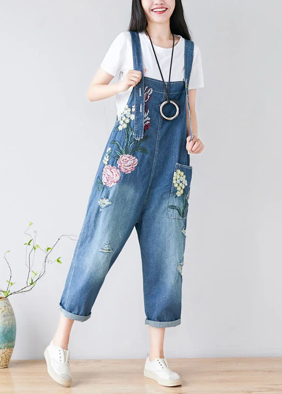 Women Blue Embroidered Cotton Denim Jumpsuits Spring Shop Sale Items