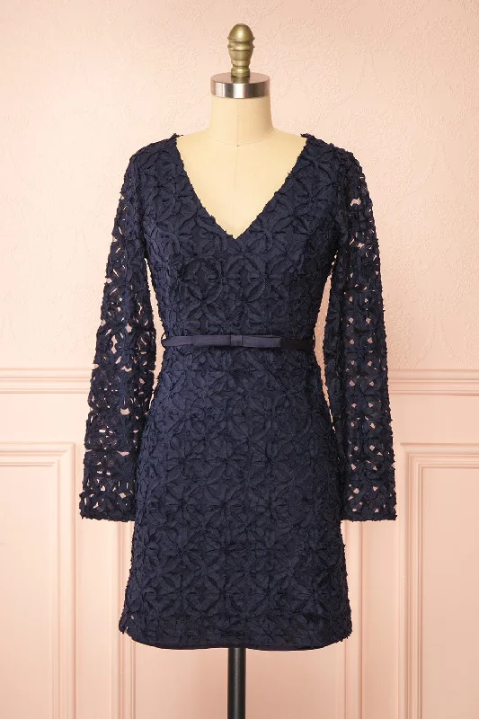 Rafaelle | Short Navy 3D Mesh Lace Dress Trend Setting Wardrobe