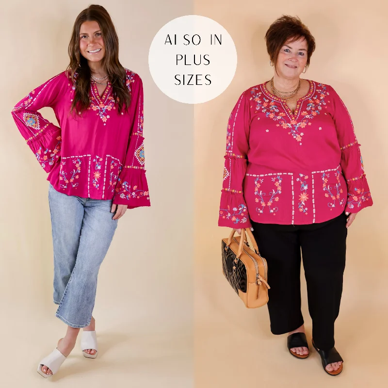 Pretty Stroll Floral Embroidered Top with Long Bell Sleeves in Magenta Pink Last Chance Sale