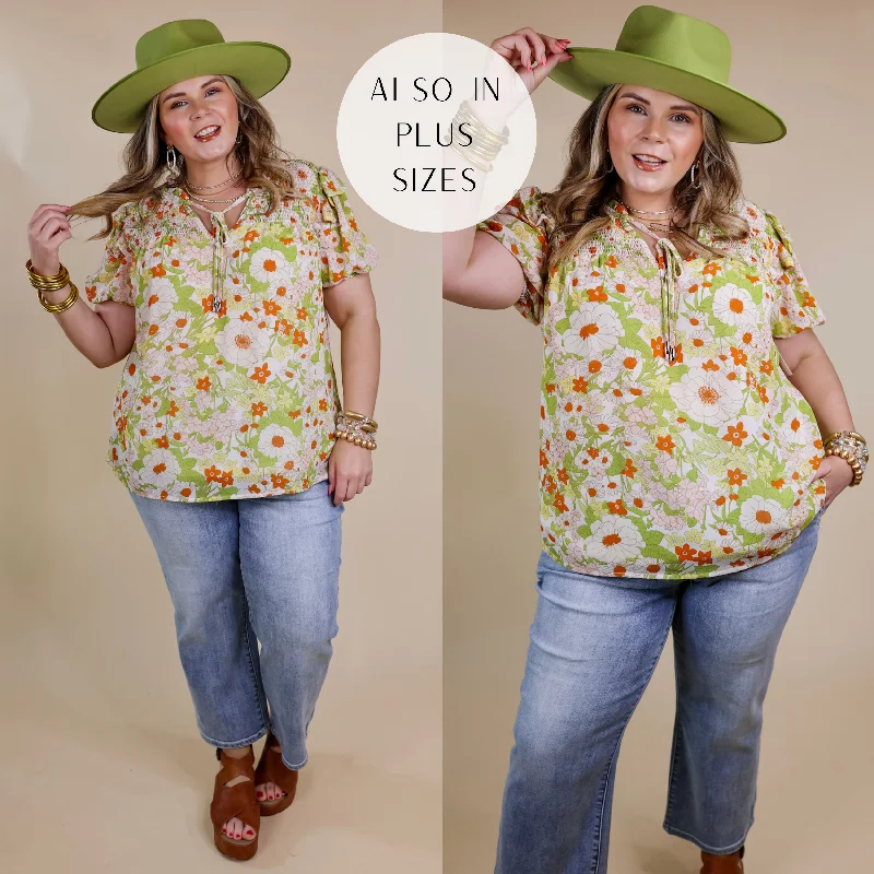 Daily Basis Front Keyhole Floral Top in Ivory and Green Seasonal Picks