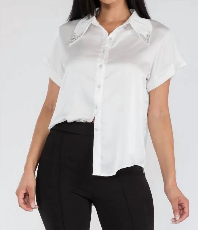 Rhinestones Collar Shirt In White Lightweight Fabric