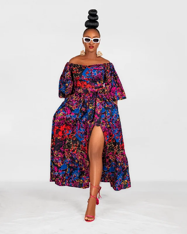 Nana Ankara Off Shoulder Maxi Dress | Blue and Pink Multicoloured African Print Vintage Style Clothing Sale