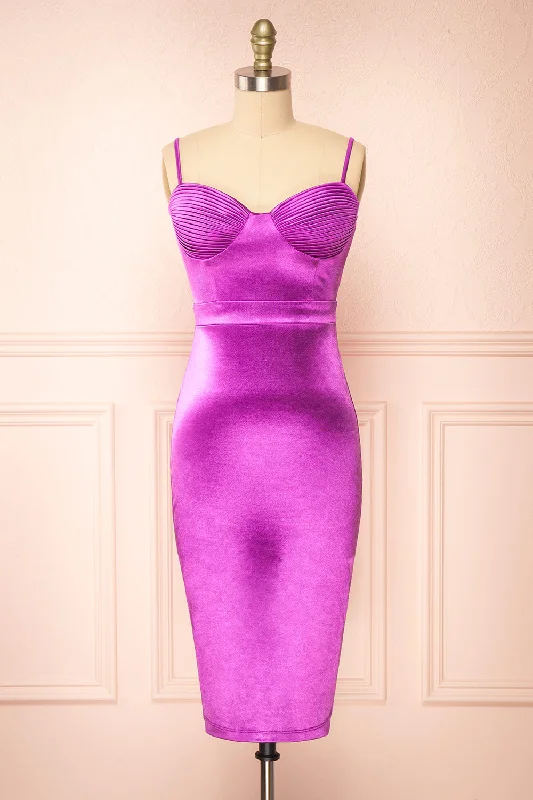 Elderia Purple | Fitted Satin Midi Dress Graceful Movement