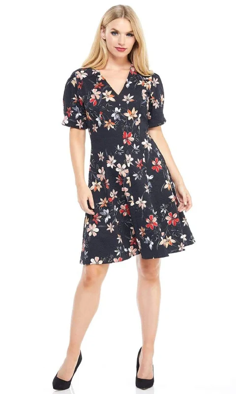 London Times - T3783M Floral Short Sleeve Fit And Flare Jacquard Dress Catch Every Fashion Trend