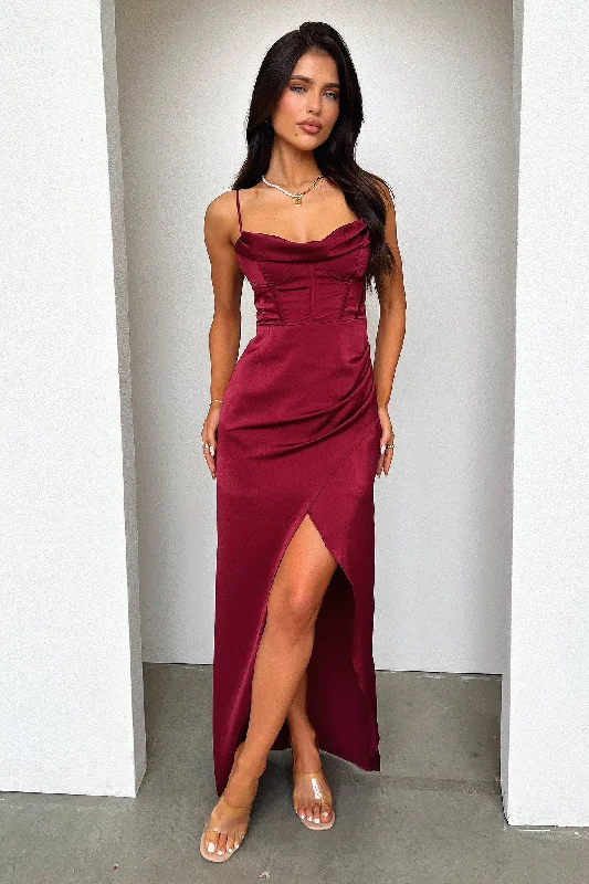 Aiana Satin Maxi Dress - Burgundy Style Your Wardrobe