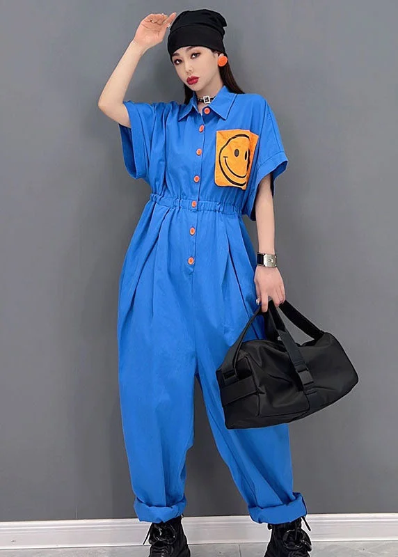 Casual Blue Turn-down Collar Drawstring Smile Applique Button Cotton Overalls Jumpsuit Short Sleeve Exquisite Women's Wear Sale