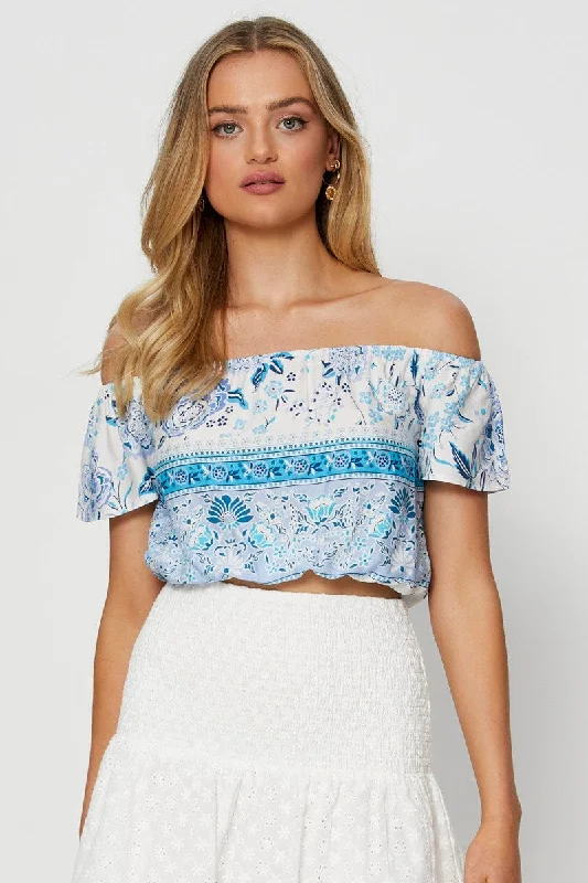 Boho Print Wrap Top Off Shoulder Tie Up Crop Sleek Design