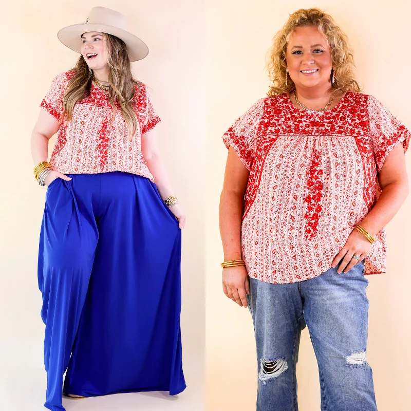 Sunny Day Floral Print Top with Red Floral Embroidery in Off White Fashion Forward