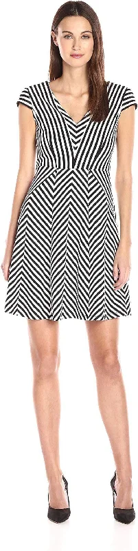 Adrianna Papell - AP1D100624 Striped V-Neck A-Line Short Dress Graceful Cut