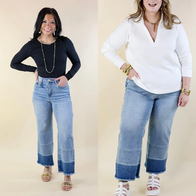 Last Chance Size 22W & 24W | Judy Blue | Full of Delight Wide Leg Release Hem Cropped Jeans in Light Wash Soft Textures