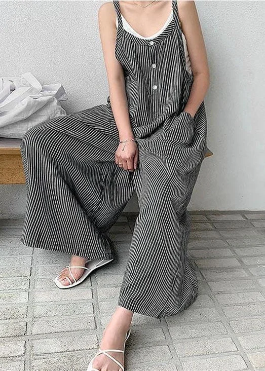 Loose Black Striped Cotton Spaghetti Strap Jumpsuit Summer Catch Every Fashion Trend