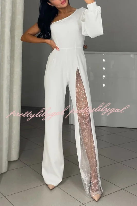 Fashionable Oblique Shoulder One-sleeve Sexy High Slit Slim Jumpsuit Tropical Island - Inspired Attire