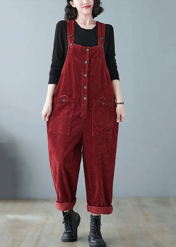 Chic Mulberry Slash Neck Cozy Corduroy Jumpsuits Fall Chic Outfits