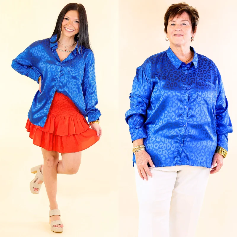 Top It Off Long Sleeve Button Up Satin Leopard Top in Blue Chic Everyday Wear