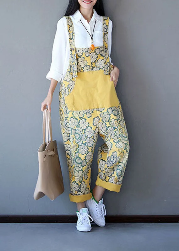 Boho Yellow Patchwork Print Denim Jumpsuit Spring Stupidly Low Prices