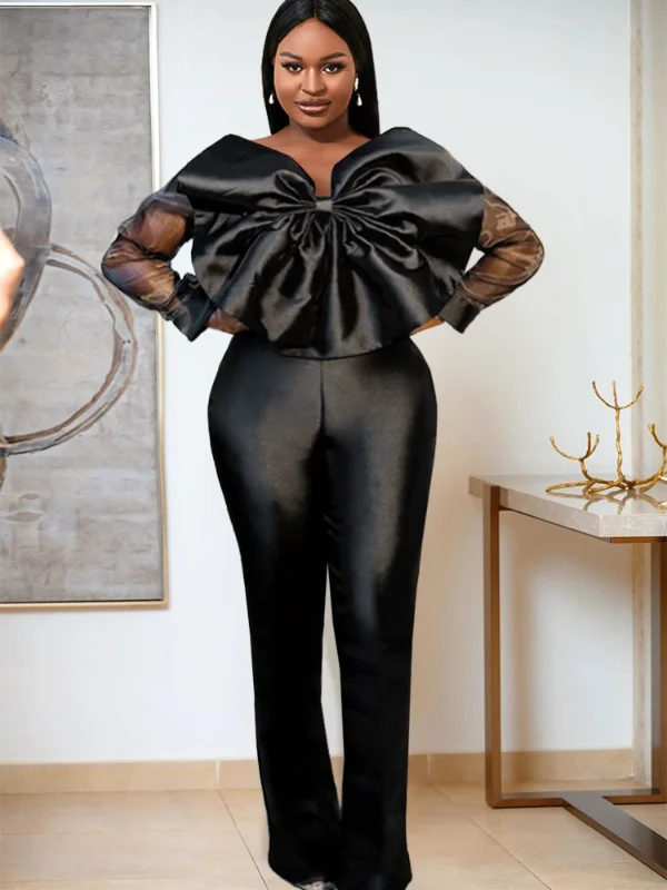 Women Organza Long Sleeve Big Bow Black Jumpsuit Effortless Sophistication