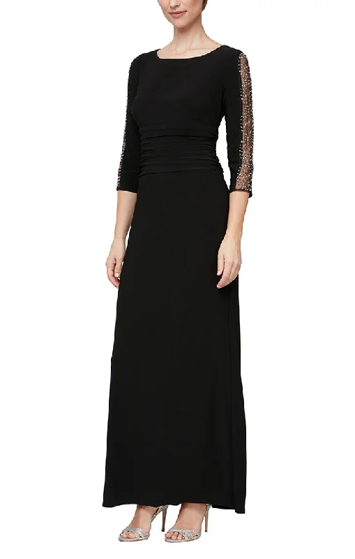 Matte Jersey Long Dress with Embellished 3/4 Sleeve Detail Casual Fashion