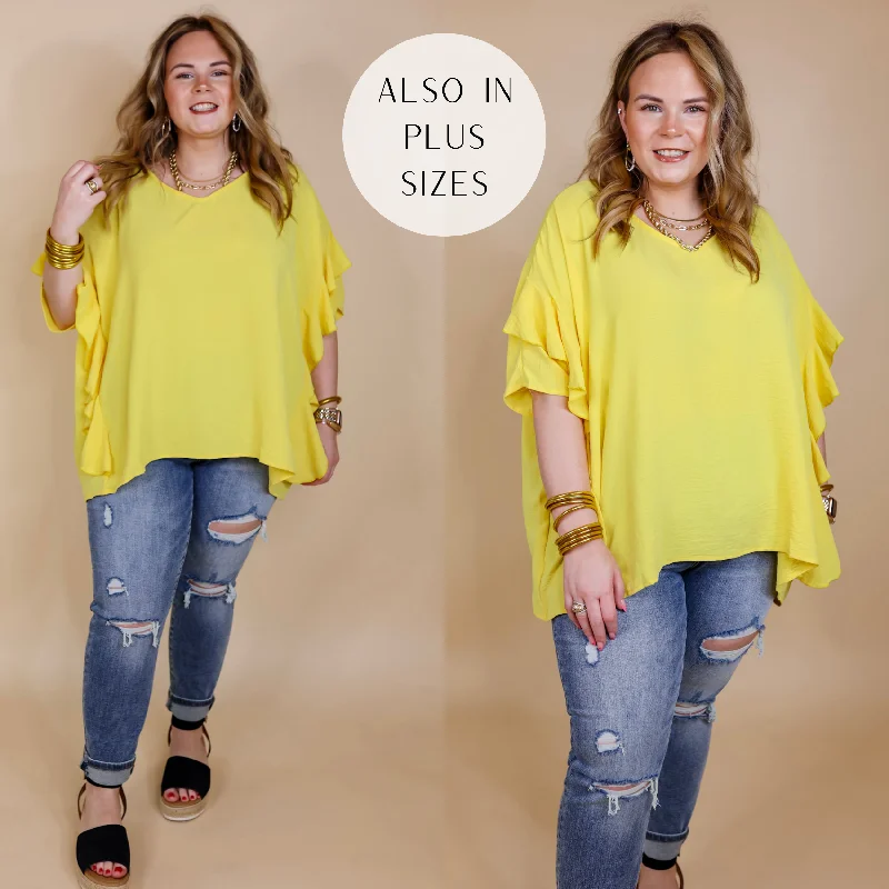 Sip of Spring Ruffle Sleeve Shift Top with V Neckline in Lemon Yellow Trendy Pulse