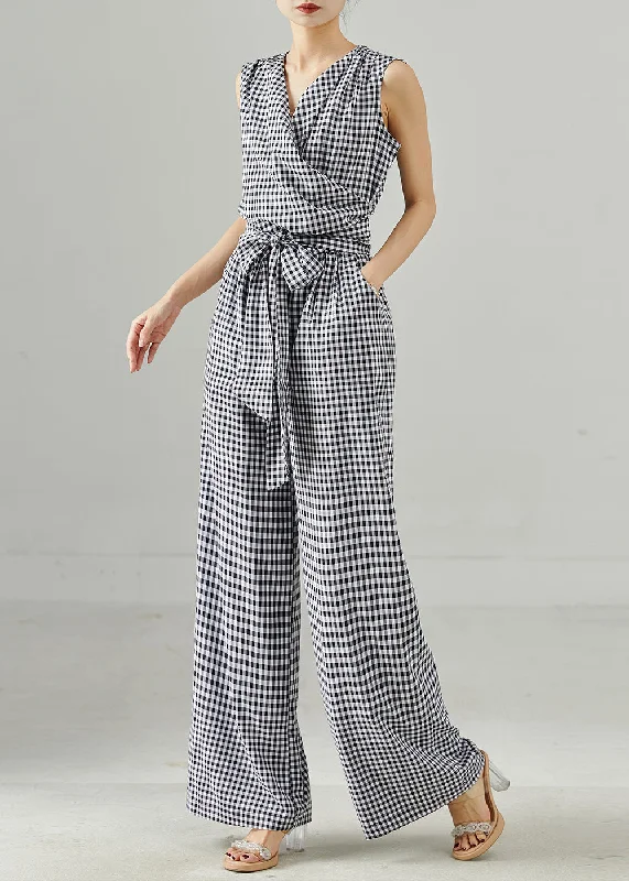 Modern Grey Plaid Tie Waist Cotton Jumpsuit Summer Clearance Event