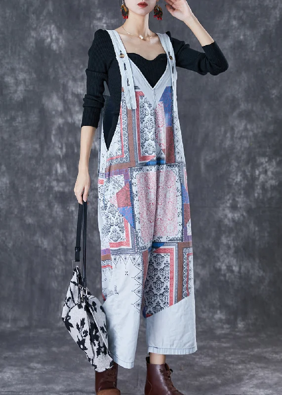 French Light Blue Oversized Print Cotton Overalls Jumpsuit Fall Chic Wardrobe Essentials