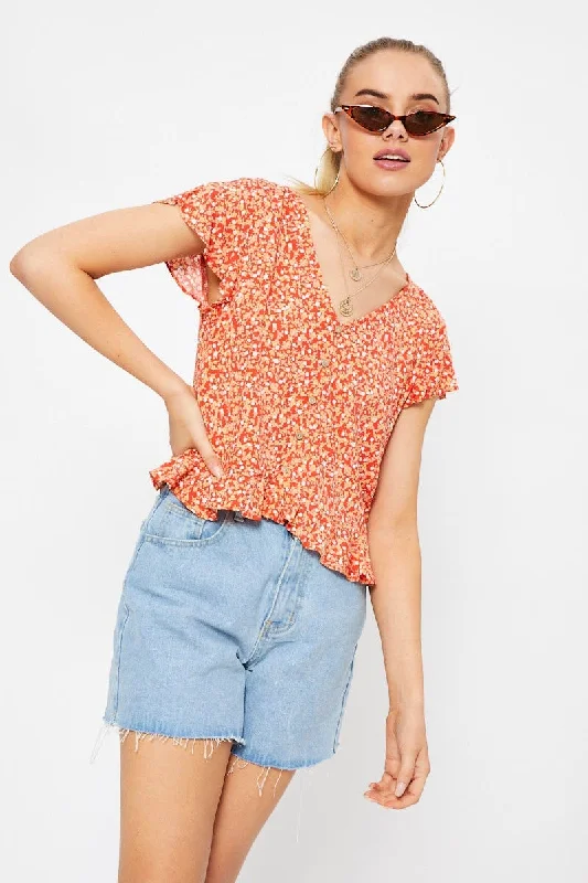 Print Button Down Ruffle Top Casual Weekend Relaxed Style