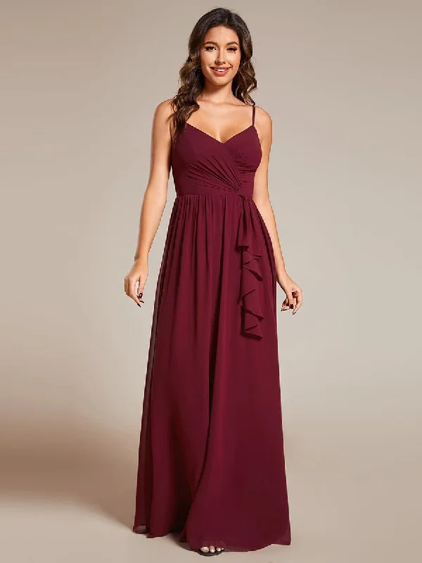 Maxi Sleeveless Pleated Chiffon Bridesmaid Dress with Lotus Leaf Refined Look