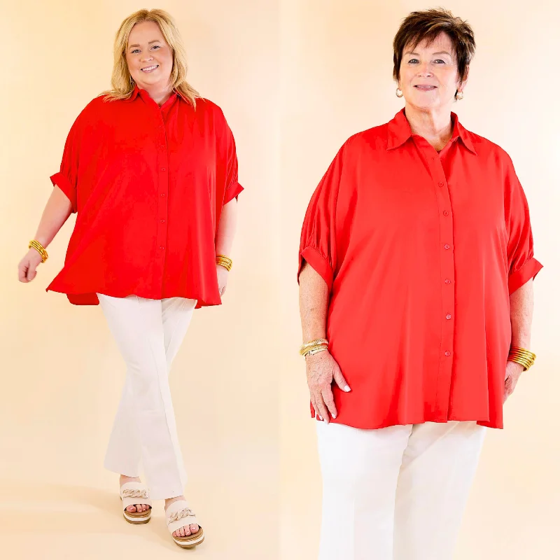 City Lifestyle Button Up Half Sleeve Poncho Top in Red Effortless Comfort